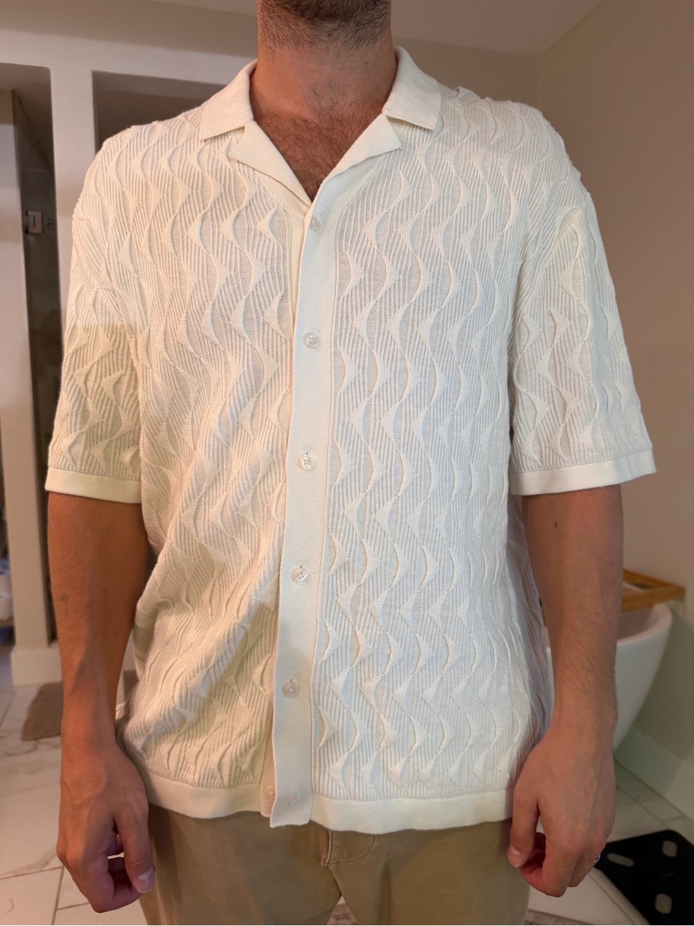 Abercrombie & Fitch Cream Textured Short-Sleeve Button-Up Shirt